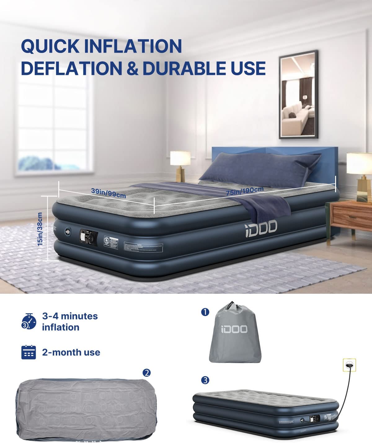 Twin Size 15"  Inflatable Bed with Built-in Pump